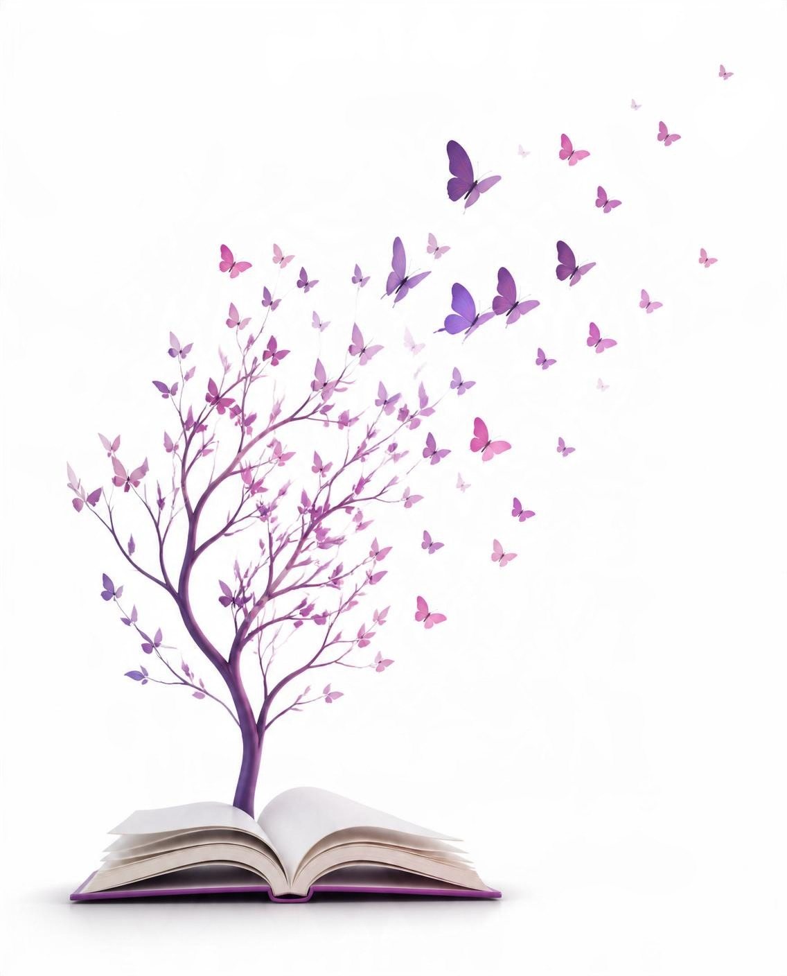 Un árbol violeta crece de un libro abierto y sus hojas se vuelven mariposas
